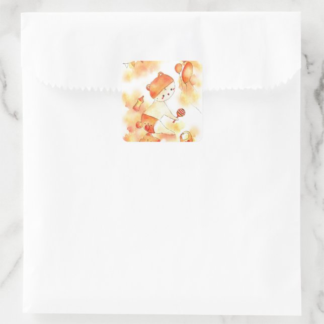 Adesivo Quadrado Urso Bebê Mais Pobre E Brinquedos Aquarela Cor Lar (Bolsa)