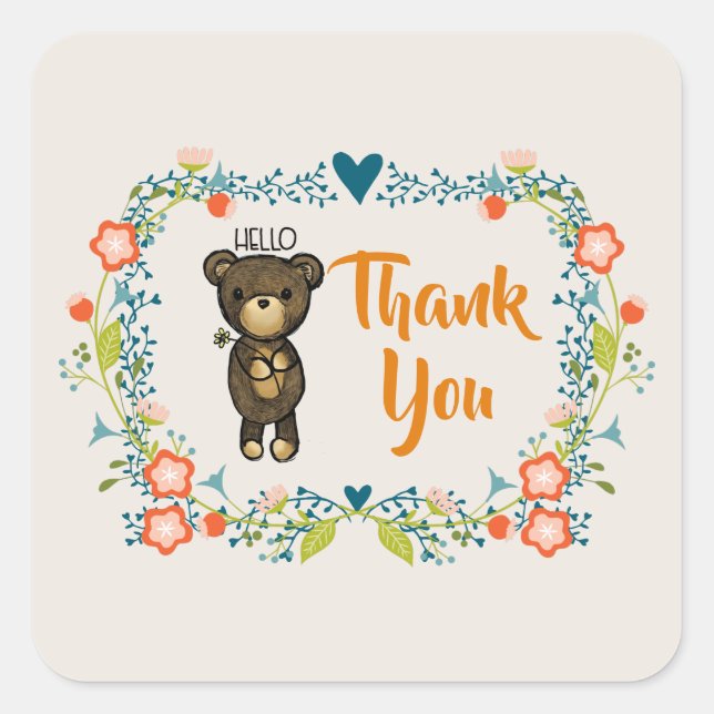 Adesivo Quadrado Urso Bonito, Flor Amarelo E Farinha Floral Obrigad (Frente)