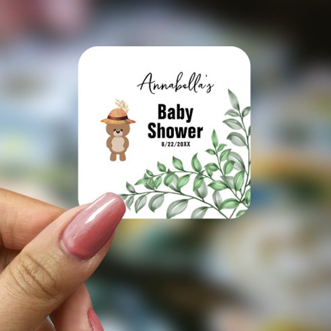 Adesivo Quadrado Urso Bonito no Chá de fraldas de Madeira (Criador carregado)