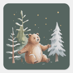 Adesivo Quadrado Urso Caprichoso de Inverno Floresta de Inverno