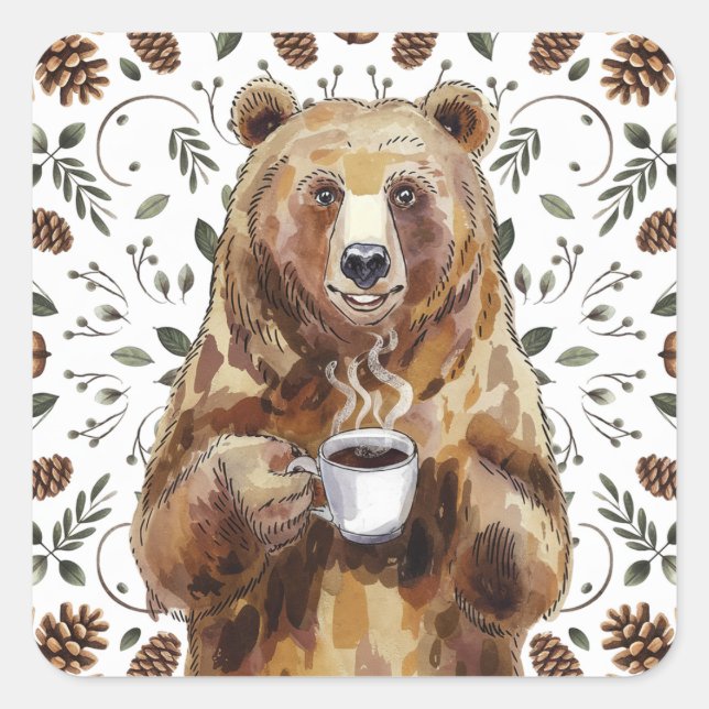 Adesivo Quadrado Urso Com Café (Frente)