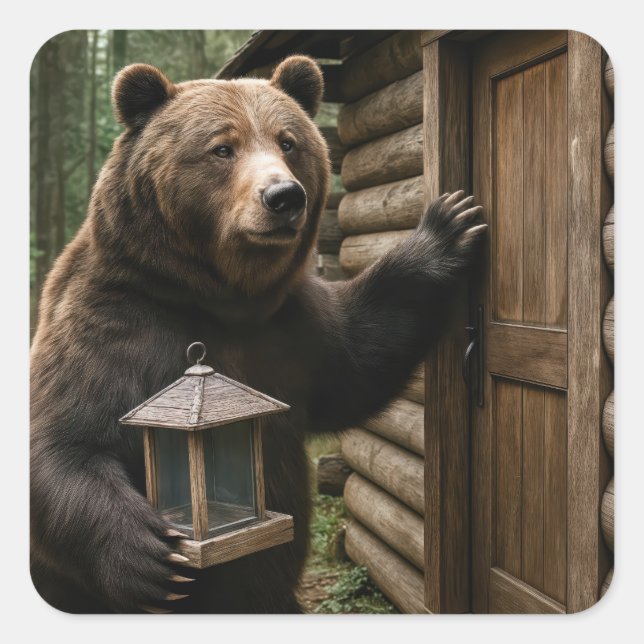 Adesivo Quadrado Urso com um alimentador de aves vazio (Frente)