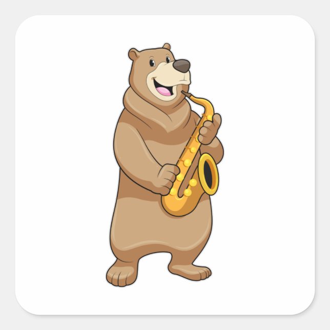 Adesivo Quadrado Urso como músico com saxofone (Frente)