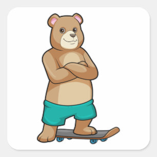 Adesivo Quadrado Urso como Patinador com skate