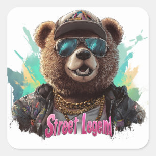 Adesivo Quadrado Urso da Legenda das Ruas - Design de Gráfico Legal
