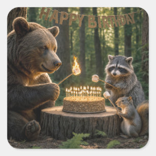 Adesivo Quadrado Urso de Aniversário Assando Marshmallows em um Bol