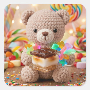 Adesivo Quadrado Urso de Crochê com S'more Candy Land