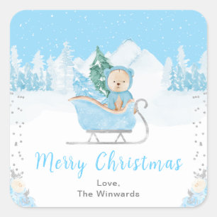 Adesivo Quadrado Urso de Inverno Azul Trenó Feliz Natal