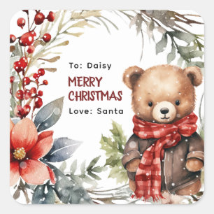 Adesivo Quadrado Urso de Inverno Fofo Presente de Natal para Crianç