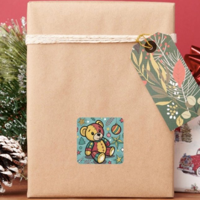 Adesivo Quadrado Urso de Natal em Patchwork Caprichoso (Sticker sheet, 6 different sizes. Matte, glossy or glossy transparent finish. )