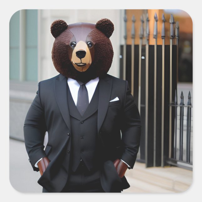 Adesivo Quadrado Urso de negócios vestindo um terno (Frente)
