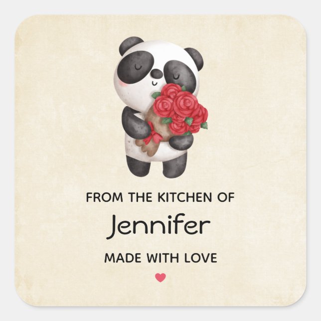 Adesivo Quadrado Urso de Panda Bonito com Kitchen Rose Bouquet (Frente)