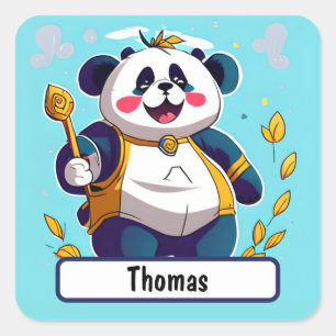 Adesivo Quadrado Urso de Panda Bonito com Nametag Personalizável