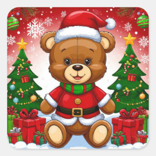 Adesivo Quadrado Urso de Pelúcia Adorável em Traje de Papai Noel