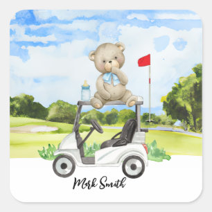 Adesivo Quadrado Urso de pelúcia de golfe em carrinho de golfe para