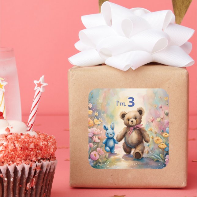 Adesivo Quadrado Urso de pelúcia e coelho num jardim de pastel (Festa)