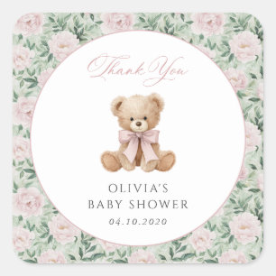 Adesivo Quadrado Urso de Pelúcia, Laço Rosa, Flores Rosas, Chás de