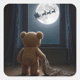 Adesivo Quadrado Urso de pelúcia observando o Papai Noel e as renas