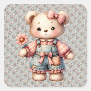 Adesivo Quadrado Urso de pelúcia pastel segurando flor vestindo mac
