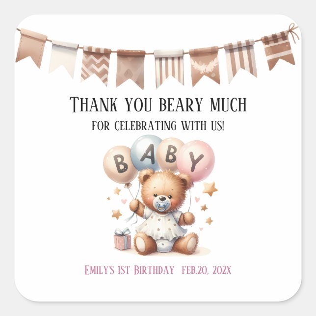 Adesivo Quadrado Urso de Teddy Bonito com Balões e Presentes (Frente)