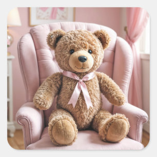 Adesivo Quadrado Urso De Teddy Com Arco Rosa