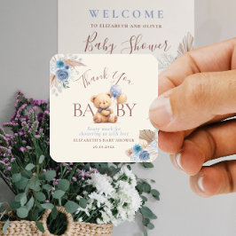 Adesivo Quadrado Urso De Teddy Com Chá de fraldas Azul Rosa