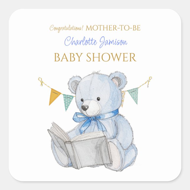 Adesivo Quadrado Urso de Teddy Personalizado lendo um Parabéns de l (Frente)