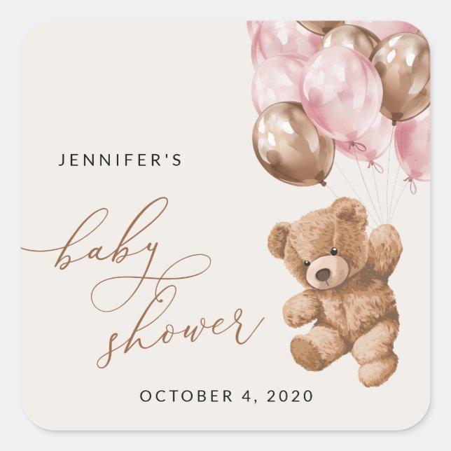 Adesivo Quadrado Urso De Teddy, Urso De Bebê, Balões Rosa, Chá de f (Frente)