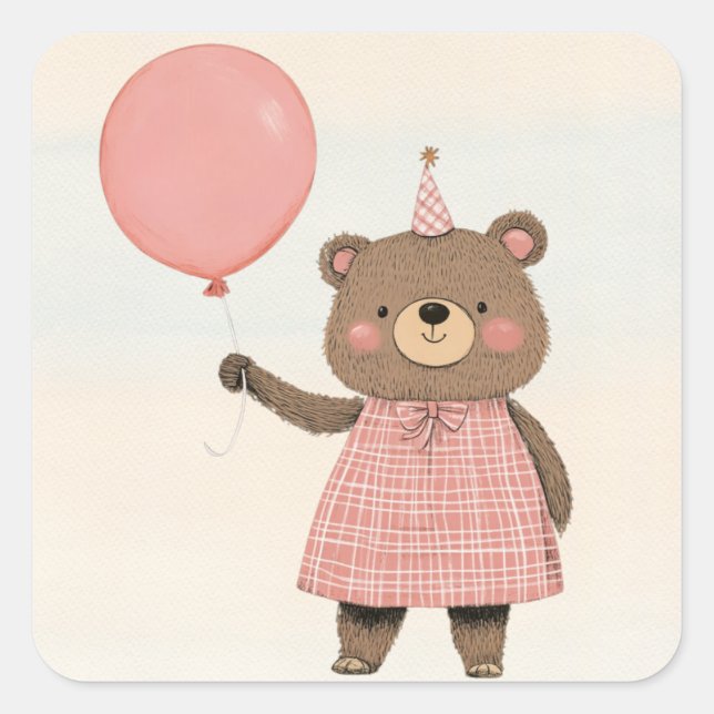 Adesivo Quadrado Urso de vestimenta rosa com Xadrez e Arco (Frente)