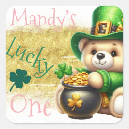 Adesivo Quadrado Urso do Dia de São Patrício Dourado Aniversário So