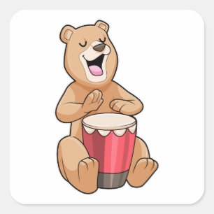 Adesivo Quadrado Urso em Música com Tambor