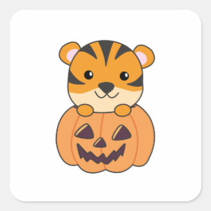 Adesivo Quadrado Urso Em Pumpkin Orange Tiger Halloween Haircat