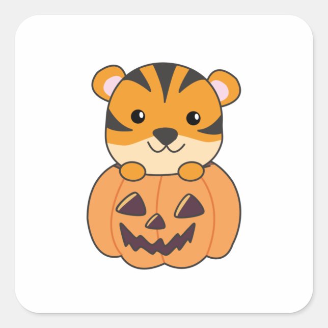 Adesivo Quadrado Urso Em Pumpkin Orange Tiger Halloween Haircat (Frente)