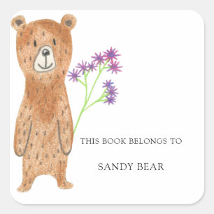 Adesivo Quadrado Urso - Ex-libris para chá de bebê