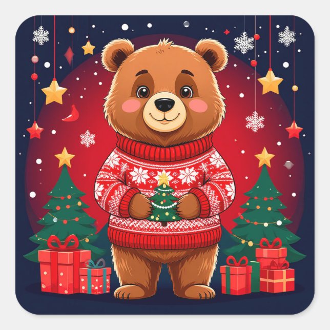 Adesivo Quadrado Urso Fofo de Suéter de Natal (Frente)