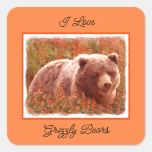 Adesivo Quadrado Urso Grizzly na Pintura de Arte Selvagem com Algas