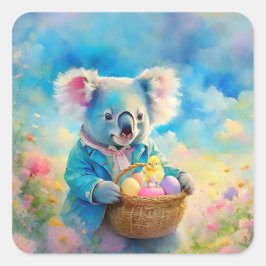 Adesivo Quadrado Urso Koala segurando uma cesta de ovos de Páscoa