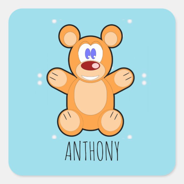 Adesivo Quadrado Urso marrom, monograma, de pelúcia azul (Frente)