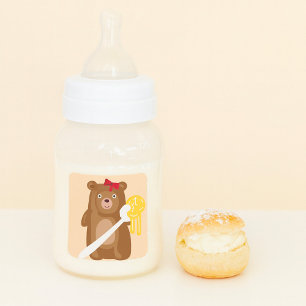 Adesivo Quadrado Urso Mel Adorável com Colher E Arco Vermelho