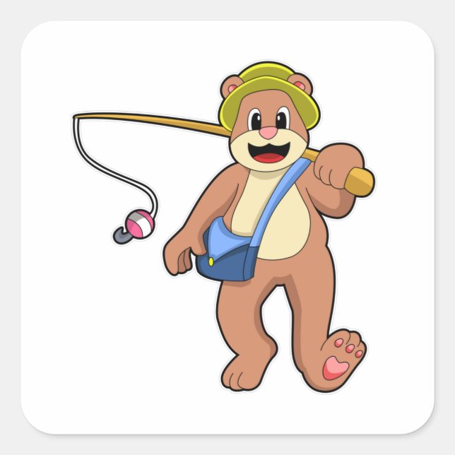 Adesivo Quadrado Urso na pesca com vara de pesca (Frente)