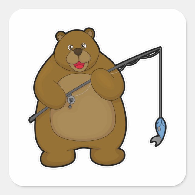 Adesivo Quadrado Urso na pesca com vara de pesca e peixe (Frente)