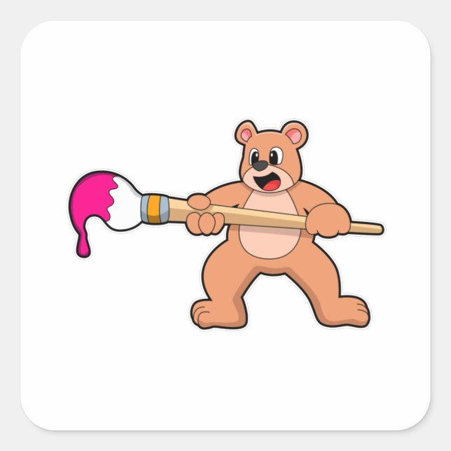 Adesivo Quadrado Urso na Pintura com Pincel e Pintura (Frente)