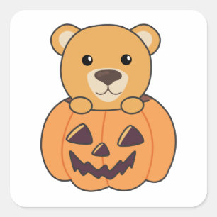 Adesivo Quadrado Urso Na Pumpkin Doces Ursos Feliz Dia das Bruxas