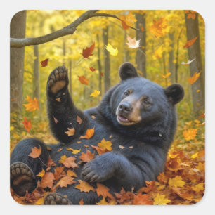 Adesivo Quadrado Urso Negro Nas Folhas Do Outono