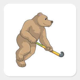 Adesivo Quadrado Urso no Hockey com Taco de Hóquei