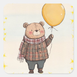 Adesivo Quadrado Urso no Suéter de Xadrez Marrom com Balão Amarelo