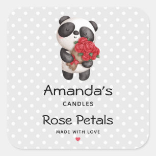 Adesivo Quadrado Urso Panda Bonito com Vela Rosa Bouquet ou Sabonet
