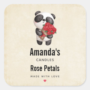 Adesivo Quadrado Urso Panda Bonito com Vela Rosa Bouquet ou Sabonet