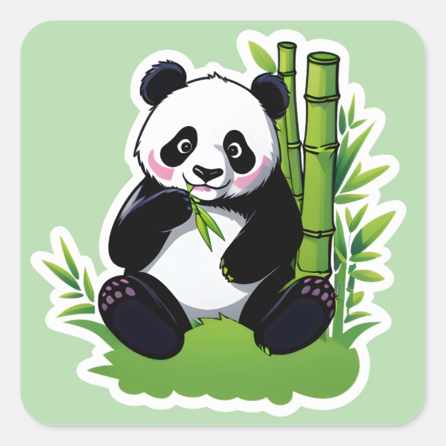 Adesivo Quadrado Urso panda comendo folhas de bambu (Frente)