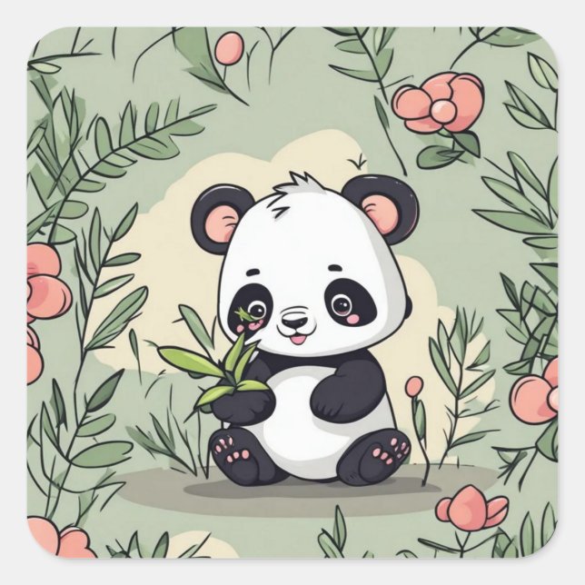 Adesivo Quadrado Urso panda Whimsy com flores (Frente)